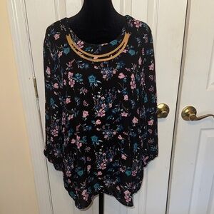 Metaphor Black Floral Blouse with Pink and Blue Accents
